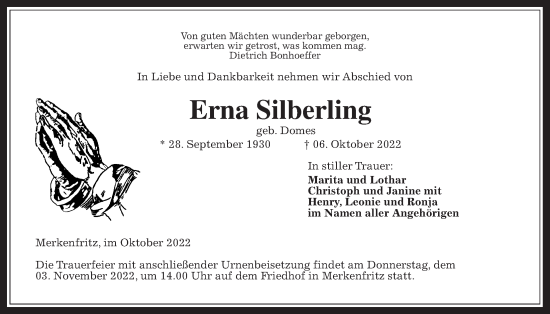 Traueranzeige von Erna Silberling von Kreis-Anzeiger