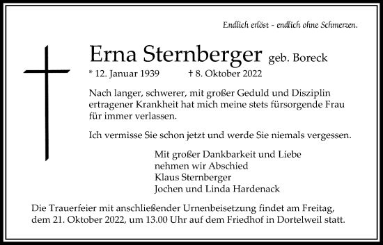 Traueranzeige von Erna Sternberger von Bad Vilbel/Karben