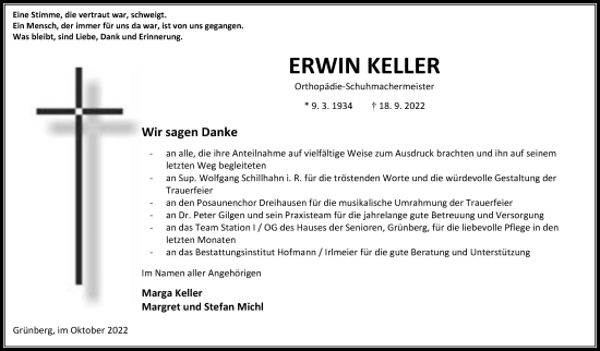Traueranzeige von Erwin Keller von Giessener Allgemeine, Alsfelder Allgemeine