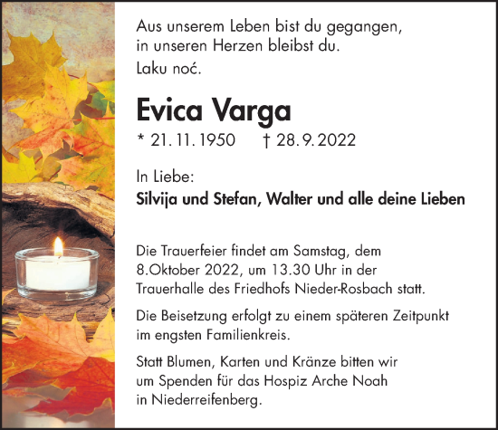 Traueranzeige von Evica Varga von Wetterauer Zeitung