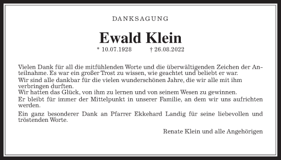 Traueranzeige von Ewald Klein von Giessener Allgemeine, Alsfelder Allgemeine, Giessener Anzeiger