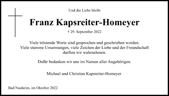 Traueranzeige von Franz Kapsreiter-Homeyer von Wetterauer Zeitung