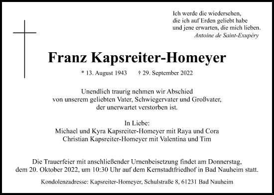 Traueranzeige von Franz Kapsreiter-Homeyer von Wetterauer Zeitung