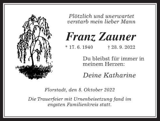 Traueranzeige von Franz Zauner von Wetterauer Zeitung