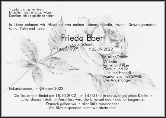 Traueranzeige von Frieda Ebert von Kreis-Anzeiger