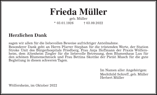 Traueranzeige von Frieda Müller von Wetterauer Zeitung