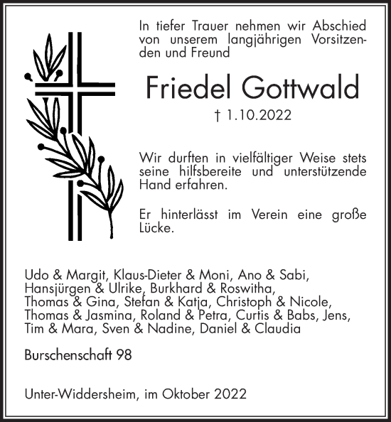 Traueranzeige von Friedel Gottwald von Kreis-Anzeiger