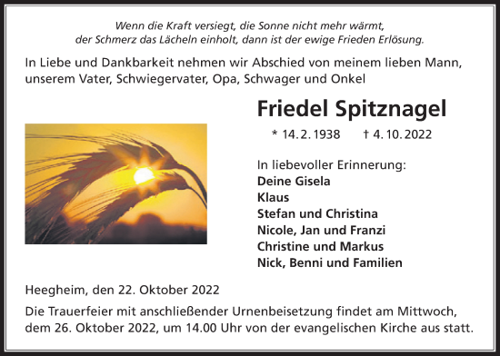 Traueranzeige von Friedel Spitznagel von Kreis-Anzeiger