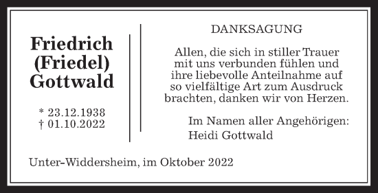 Traueranzeige von Friedrich Gottwald von Kreis-Anzeiger