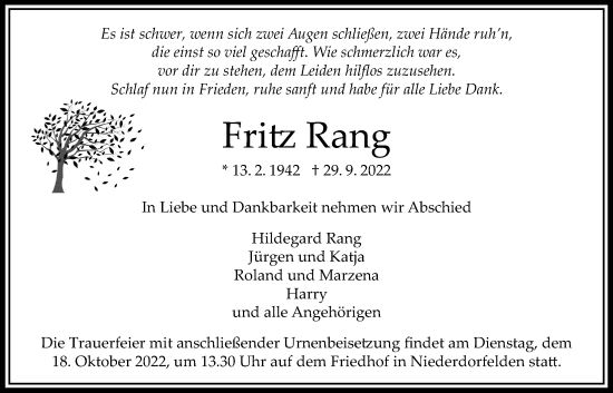 Traueranzeige von Fritz Rang von Bad Vilbel/Karben