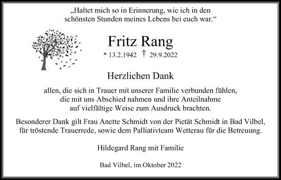 Traueranzeige von Fritz Rang von Bad Vilbel/Karben