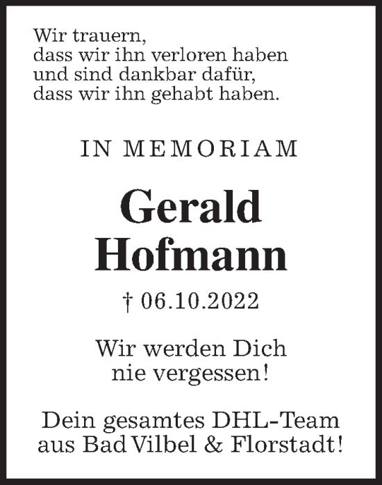 Traueranzeige von Gerald Hofmann von Wetterauer Zeitung