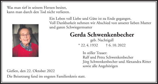 Traueranzeige von Gerda Schwenkenbecher von Giessener Allgemeine, Alsfelder Allgemeine