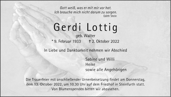 Traueranzeige von Gerdi Lottig von Wetterauer Zeitung