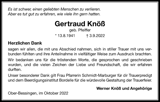 Traueranzeige von Gertraud Knöß von Licher Wochenblatt