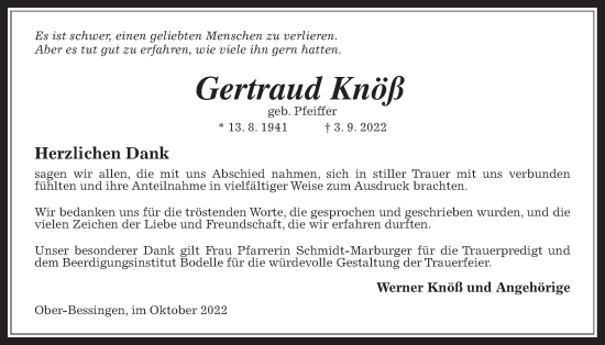 Traueranzeige von Gertraud Knöß von Giessener Allgemeine, Alsfelder Allgemeine