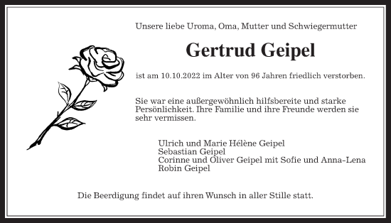 Traueranzeige von Gertrud Geipel von Wetterauer Zeitung