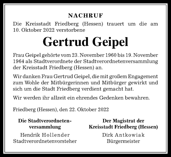 Traueranzeige von Gertrud Geipel von Wetterauer Zeitung