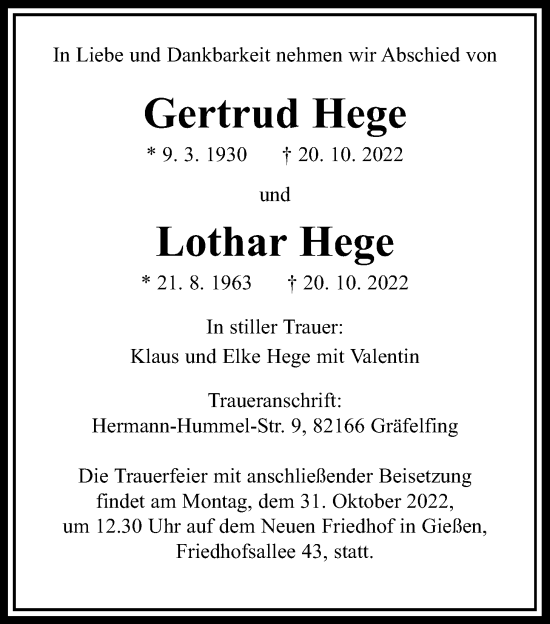 Traueranzeige von Gertrud Hege von Giessener Allgemeine, Alsfelder Allgemeine, Giessener Anzeiger