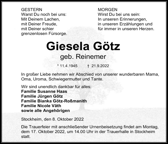 Traueranzeige von Giesela Götz von Kreis-Anzeiger