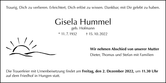 Traueranzeige von Gisela Hummel von Licher Wochenblatt