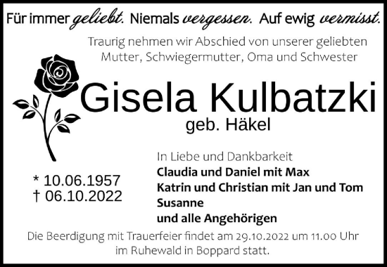 Traueranzeige von Gisela Kulbatzki von Wetterauer Zeitung
