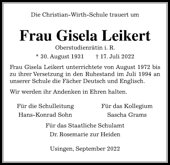 Traueranzeige von Gisela Leikert von Usinger Anzeiger