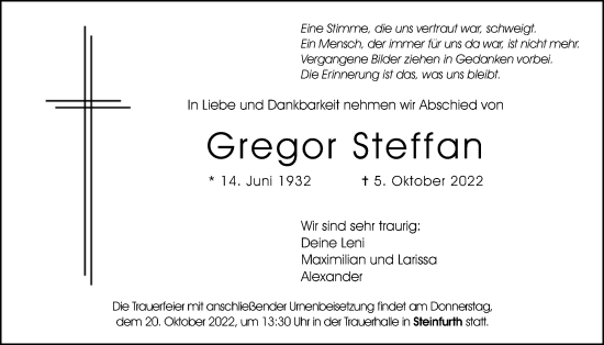 Traueranzeige von Gregor Steffan von Wetterauer Zeitung