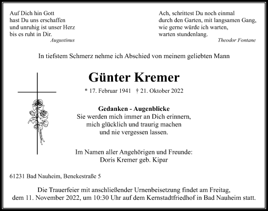 Traueranzeige von Günter Kremer von Wetterauer Zeitung