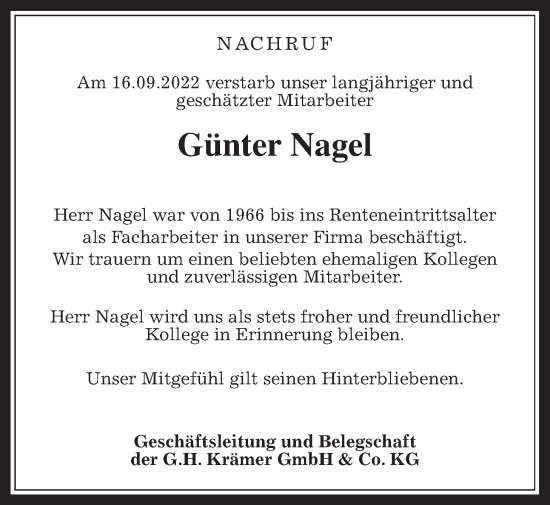 Traueranzeige von Günter Nagel von Heimatzeitung Grünberg + Laubach