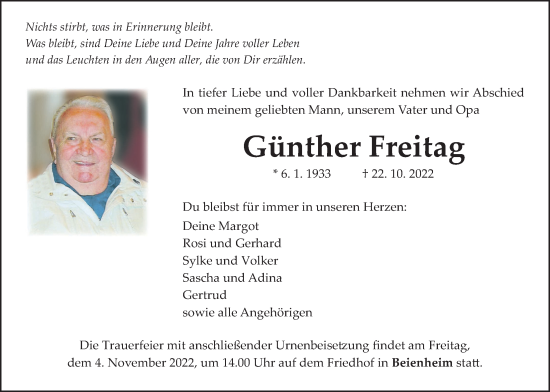 Traueranzeige von Günther Freitag von Wetterauer Zeitung