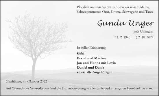 Traueranzeige von Gunda Unger von Kreis-Anzeiger
