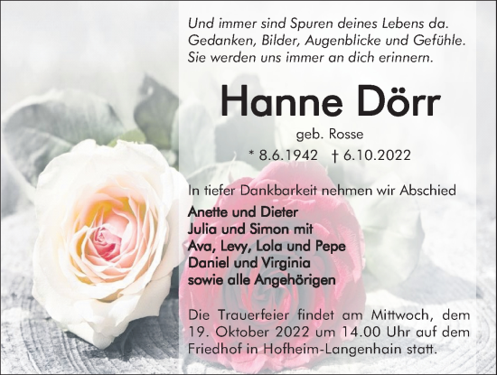 Traueranzeige von Hanne Dörr 