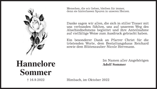 Traueranzeige von Hannelore Sommer von Kreis-Anzeiger