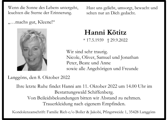 Traueranzeige von Hanni Kötitz von Giessener Allgemeine, Alsfelder Allgemeine
