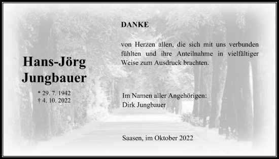 Traueranzeige von Hans-Jörg Jungbauer von Giessener Allgemeine, Alsfelder Allgemeine, Giessener Anzeiger