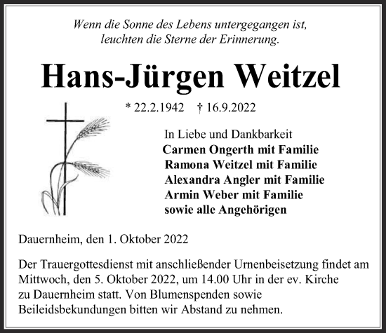 Traueranzeige von Hans-Jürgen Weitzel von Kreis-Anzeiger