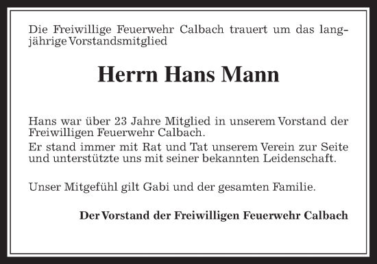 Traueranzeige von Hans Mann von Kreis-Anzeiger
