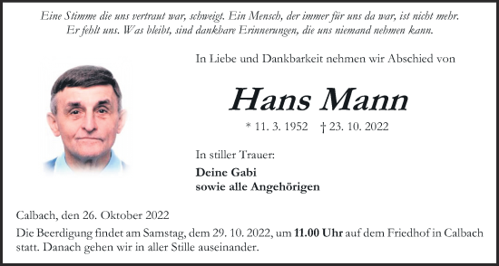 Traueranzeige von Hans Mann von Kreis-Anzeiger