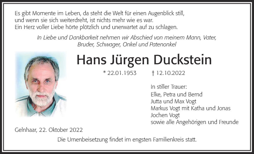  Traueranzeige für Hans Jürgen Duckstein vom 22.10.2022 aus Kreis-Anzeiger