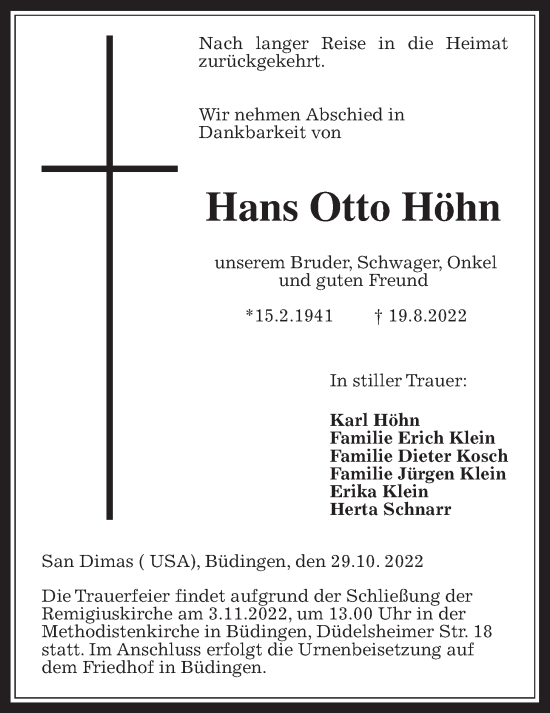 Traueranzeige von Hans Otto Höhn von Kreis-Anzeiger