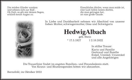 Traueranzeige von Hedwig Albach von Alsfelder Allgemeine