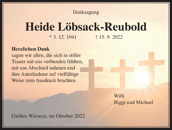 Traueranzeige von Heide Löbsack-Reubold von Giessener Allgemeine, Alsfelder Allgemeine, Giessener Anzeiger