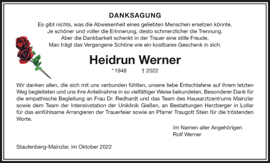 Traueranzeige von Heidrun Werner von Giessener Allgemeine, Alsfelder Allgemeine, Giessener Anzeiger