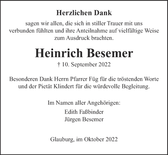 Traueranzeige von Heinrich Besemer von Kreis-Anzeiger
