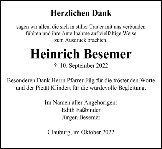 Traueranzeige von Heinrich Besemer von Kreis-Anzeiger