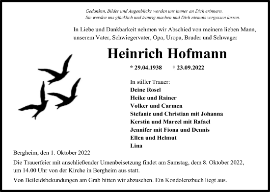 Traueranzeige von Heinrich Hofmann von Kreis-Anzeiger