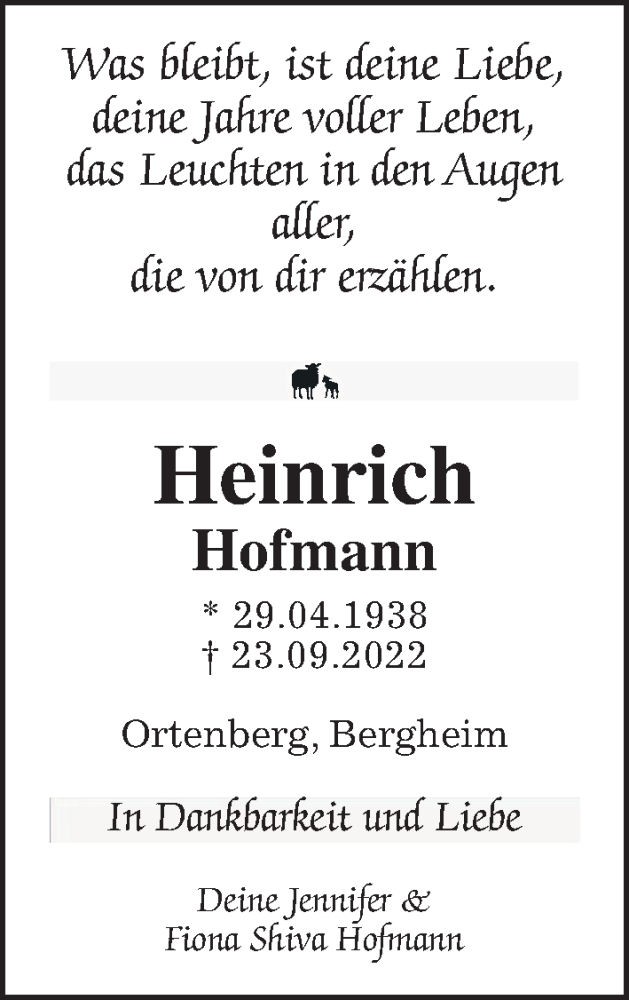  Traueranzeige für Heinrich Hofmann vom 01.10.2022 aus Kreis-Anzeiger