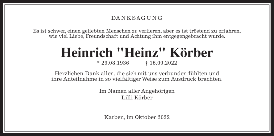 Traueranzeige von Heinrich Körber von Bad Vilbel/Karben, Wetterauer Zeitung