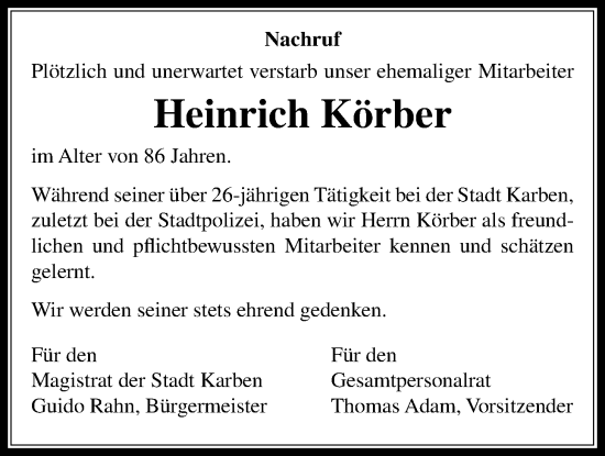 Traueranzeige von Heinrich Körber von Wetterauer Zeitung